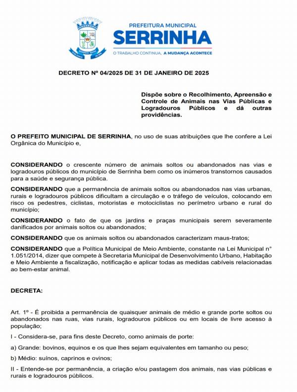 Prefeitura de Serrinha publica decreto que determina apreensão, doação e abate de animais soltos nas ruas