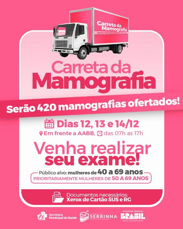 Carreta da Mamografia retorna a Serrinha com exames gratuitos nos dias 12, 13 e 14 de dezembro