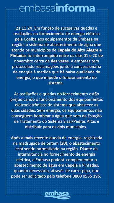 Faltas constantes de energia prejudicam o abastecimento de água nos municípios de Capela e Pintadas